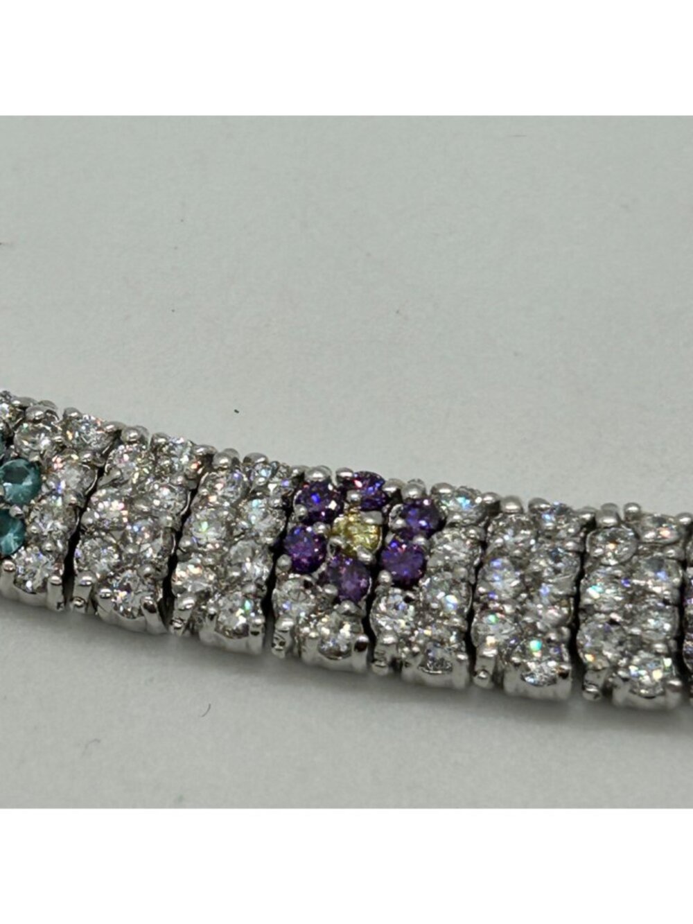 Vintage Rhinestone Tennis Bracelet Multicolor Flower Design W/ Safety Clasp 7.5" - Picture 14 of 16